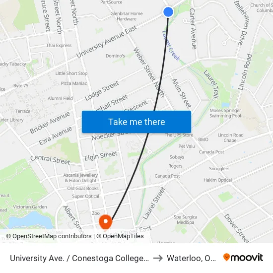University Ave. / Conestoga College - Waterloo to Waterloo, Ontario map