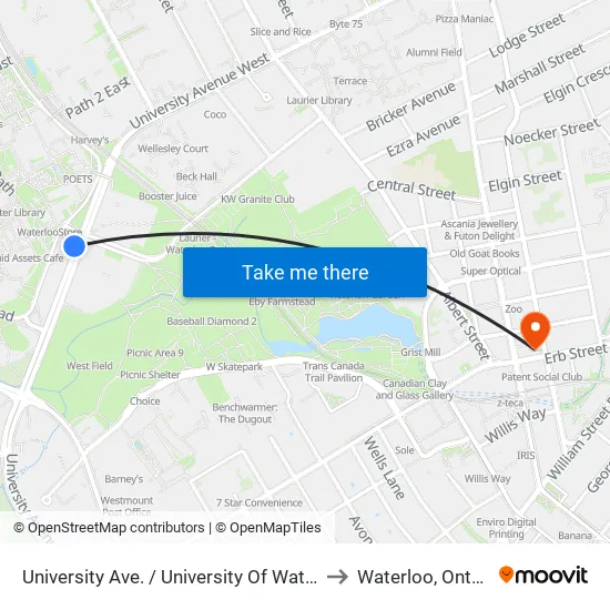 University Ave. / University Of Waterloo to Waterloo, Ontario map