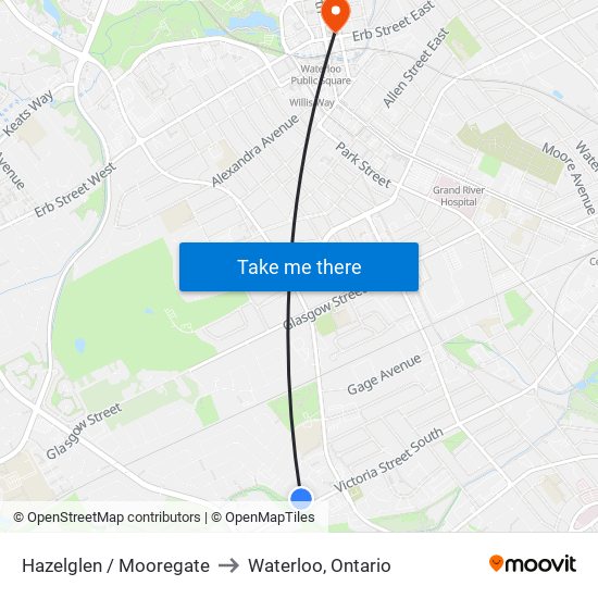 Hazelglen / Mooregate to Waterloo, Ontario map