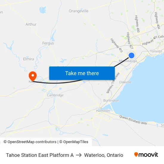 Tahoe Station East Platform A to Waterloo, Ontario map