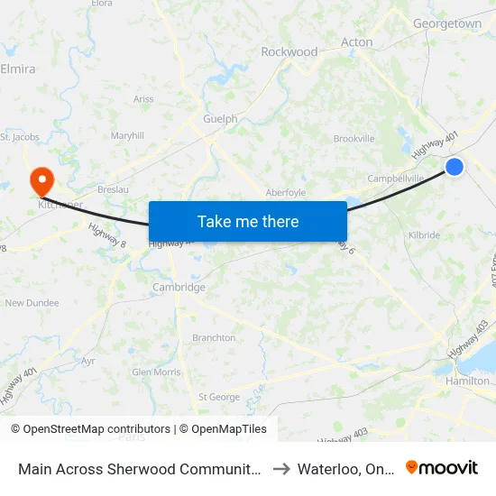 Main Across Sherwood Community Centre to Waterloo, Ontario map
