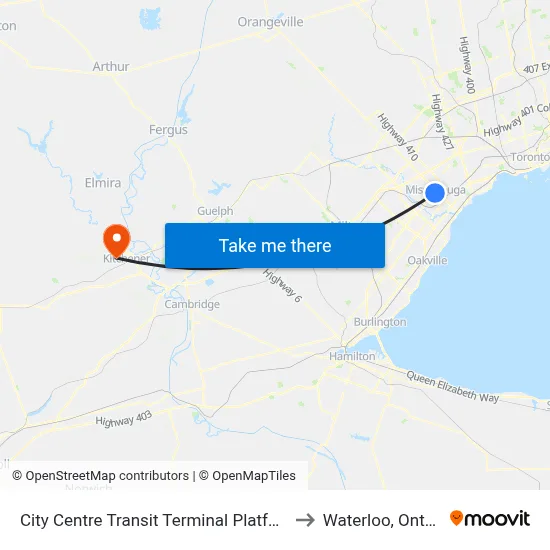 City Centre Transit Terminal Platform A to Waterloo, Ontario map