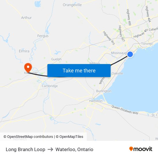 Long Branch Loop to Waterloo, Ontario map