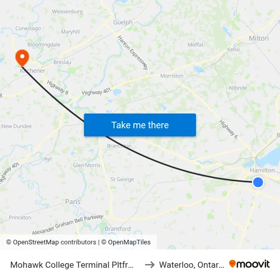 Mohawk College Terminal Pltfrm 1 to Waterloo, Ontario map