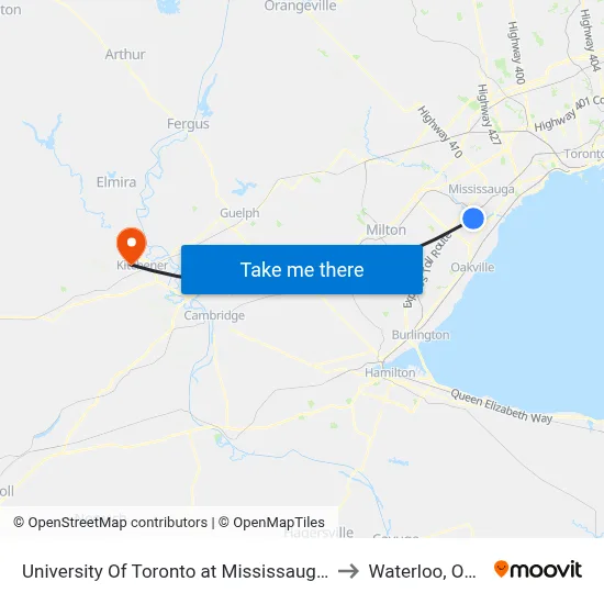University Of Toronto at Mississauga Campus to Waterloo, Ontario map