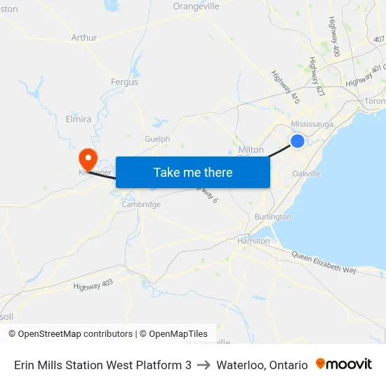 Erin Mills Station West Platform 3 to Waterloo, Ontario map