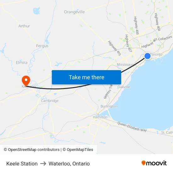 Keele Station to Waterloo, Ontario map