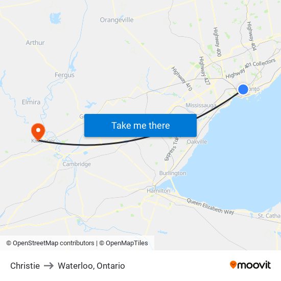 Christie to Waterloo, Ontario map