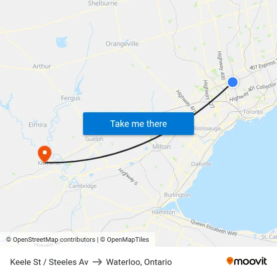 Keele St / Steeles Av to Waterloo, Ontario map