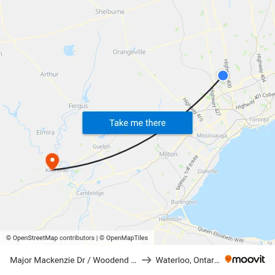 Major Mackenzie Dr / Woodend Pl to Waterloo, Ontario map