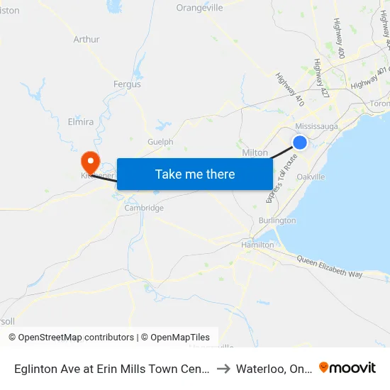 Eglinton Ave at Erin Mills Town Centre South to Waterloo, Ontario map