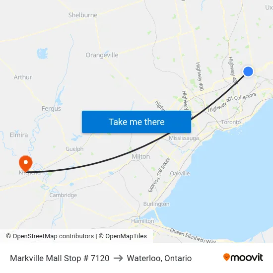 Markville Mall Stop # 7120 to Waterloo, Ontario map