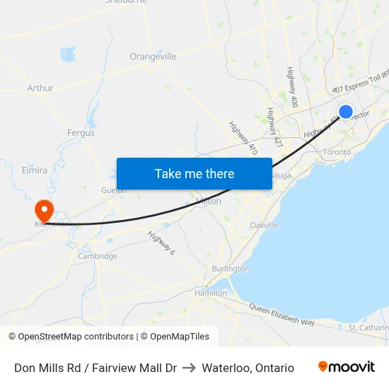 Don Mills Rd / Fairview Mall Dr to Waterloo, Ontario map