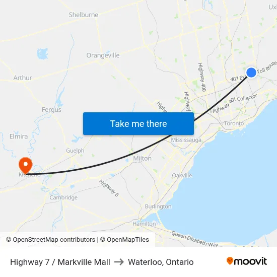 Highway 7 / Markville Mall to Waterloo, Ontario map