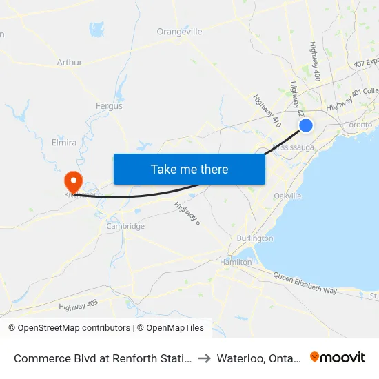 Commerce Blvd at Renforth Station to Waterloo, Ontario map