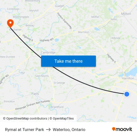 Rymal at Turner Park to Waterloo, Ontario map