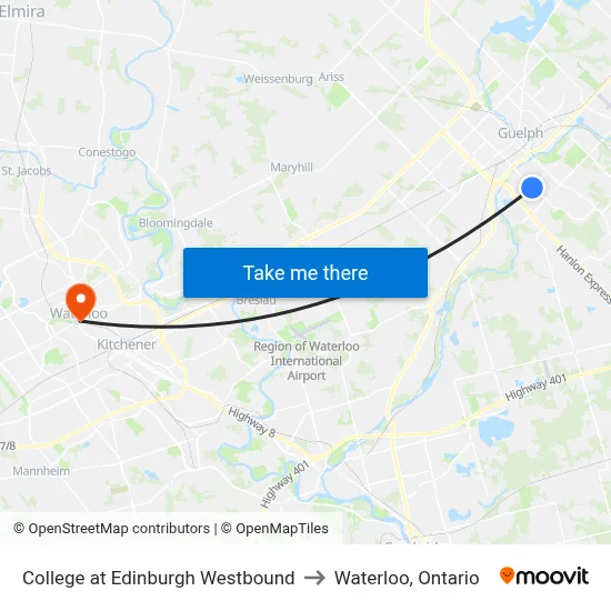 College at Edinburgh Westbound to Waterloo, Ontario map