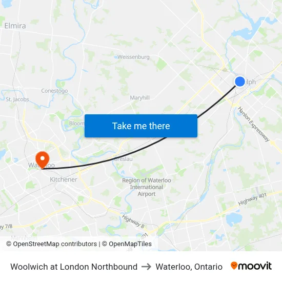 Woolwich at London Northbound to Waterloo, Ontario map