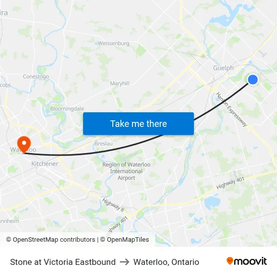 Stone at Victoria Eastbound to Waterloo, Ontario map