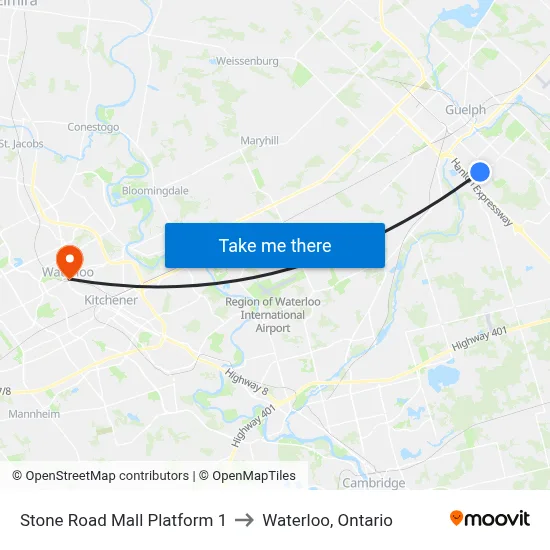 Stone Road Mall Platform 1 to Waterloo, Ontario map