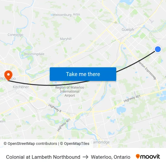 Colonial at Lambeth Northbound to Waterloo, Ontario map