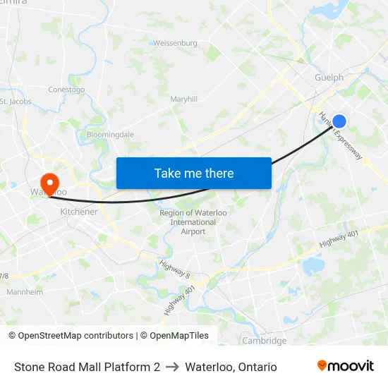 Stone Road Mall Platform 2 to Waterloo, Ontario map