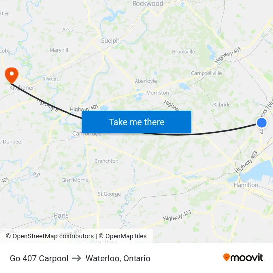 Go 407 Carpool to Waterloo, Ontario map