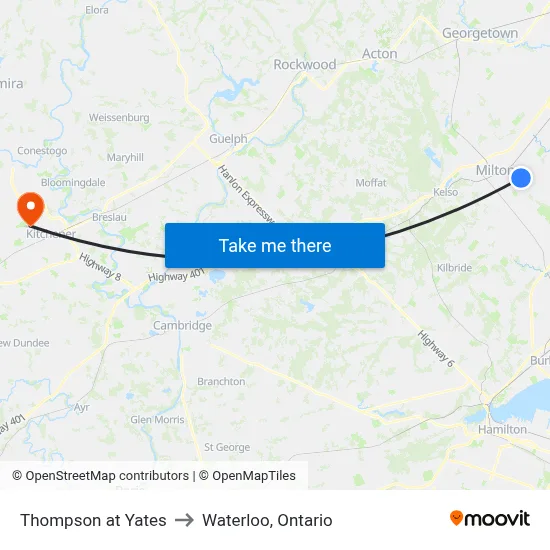 Thompson at Yates to Waterloo, Ontario map