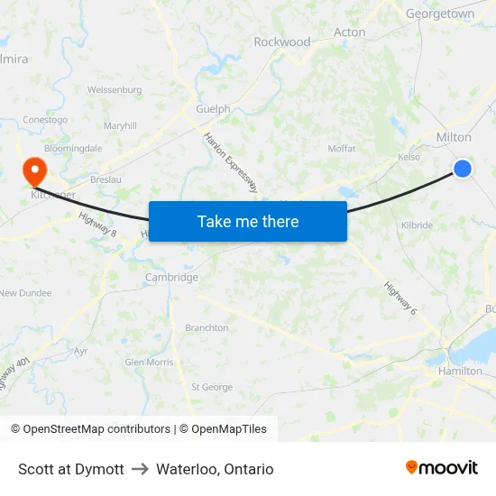 Scott at Dymott to Waterloo, Ontario map