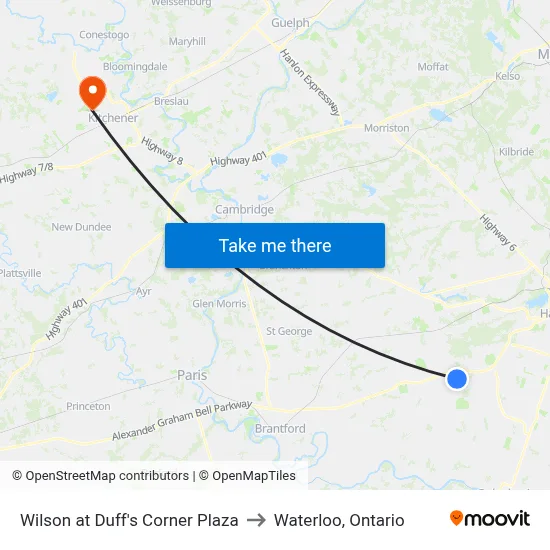Wilson at Duff's Corner Plaza to Waterloo, Ontario map
