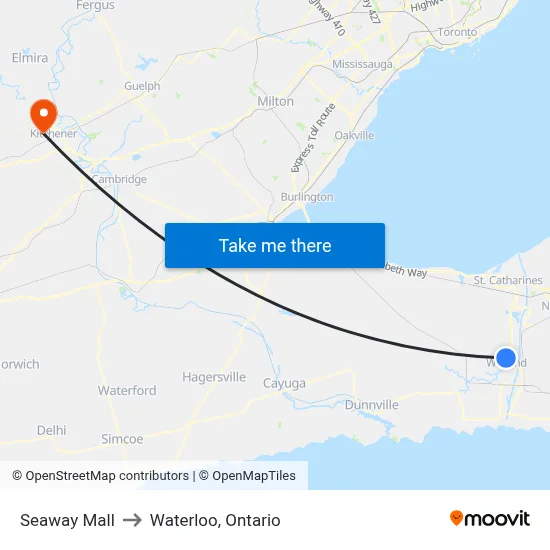 Seaway Mall to Waterloo, Ontario map