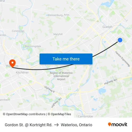 Gordon St. @ Kortright Rd. to Waterloo, Ontario map
