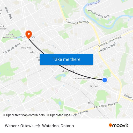 Weber / Ottawa to Waterloo, Ontario map