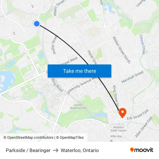 Parkside / Bearinger to Waterloo, Ontario map