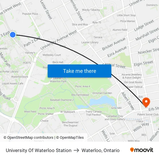 University Of Waterloo Station to Waterloo, Ontario map