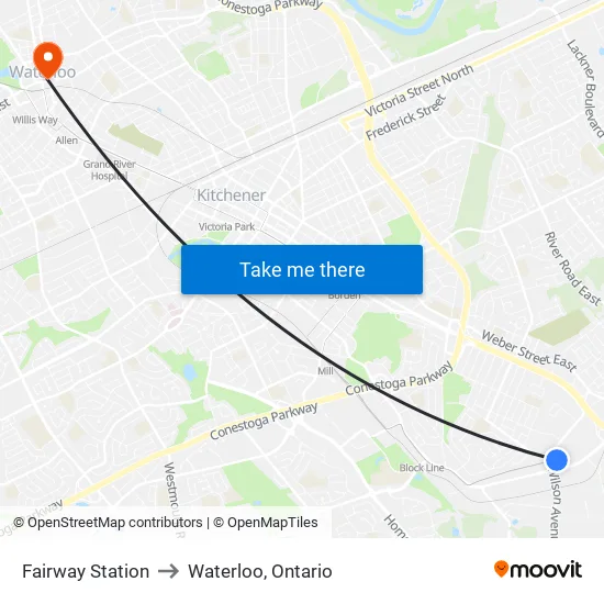 Fairway Station to Waterloo, Ontario map