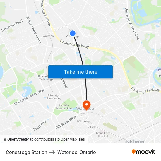 Conestoga Station to Waterloo, Ontario map