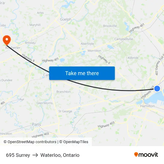 695 Surrey to Waterloo, Ontario map