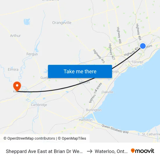 Sheppard Ave East at Brian Dr West Side to Waterloo, Ontario map