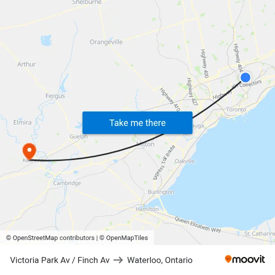 Victoria Park Av / Finch Av to Waterloo, Ontario map