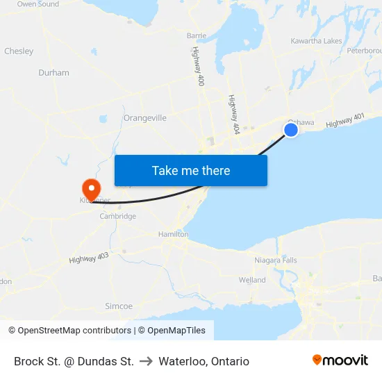 Brock St. @ Dundas St. to Waterloo, Ontario map