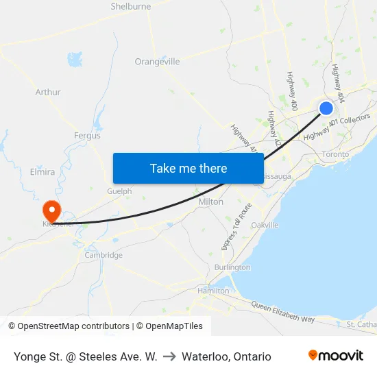 Yonge St. @ Steeles Ave. W. to Waterloo, Ontario map