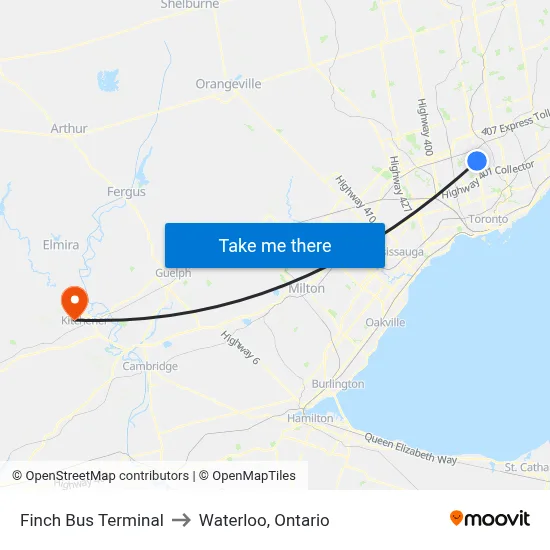 Finch Bus Terminal to Waterloo, Ontario map