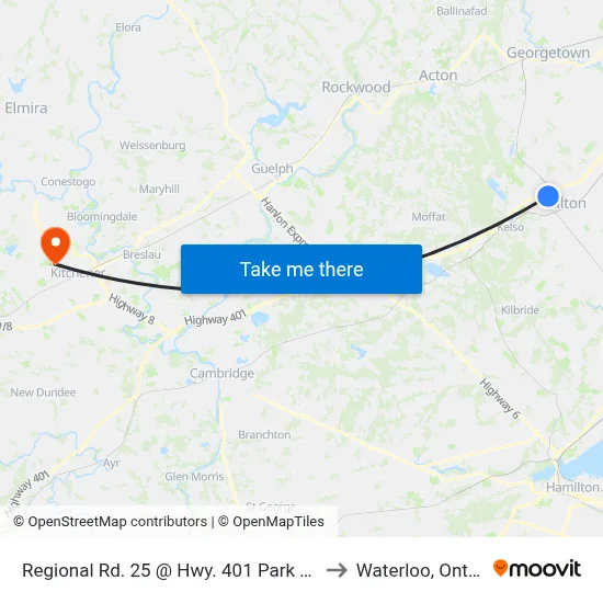 Regional Rd. 25 @ Hwy. 401 Park & Ride to Waterloo, Ontario map