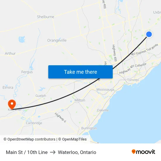 Main St / 10th Line to Waterloo, Ontario map