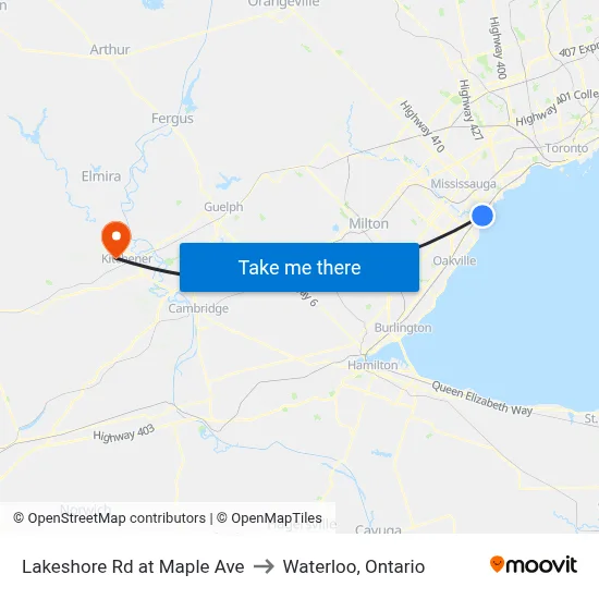 Lakeshore Rd at Maple Ave to Waterloo, Ontario map