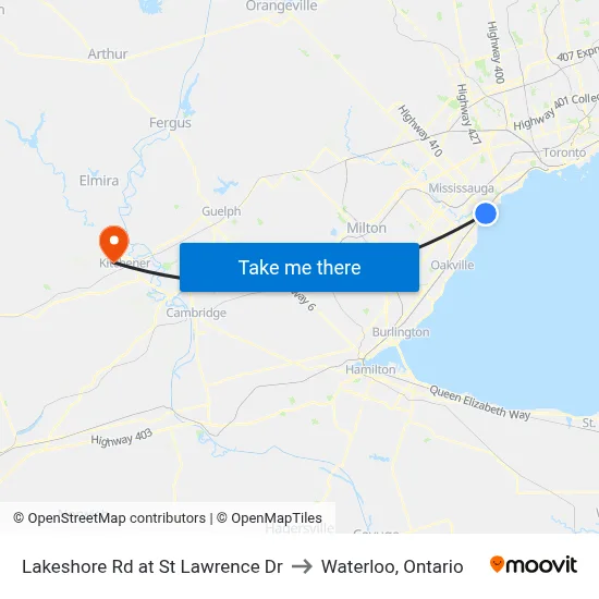 Lakeshore Rd at St Lawrence Dr to Waterloo, Ontario map