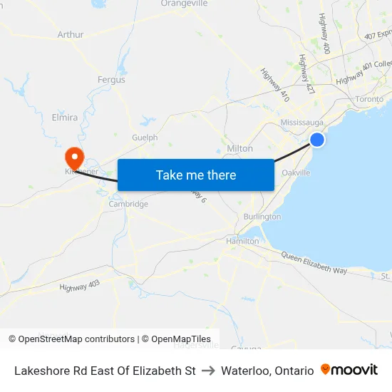 Lakeshore Rd East Of Elizabeth St to Waterloo, Ontario map