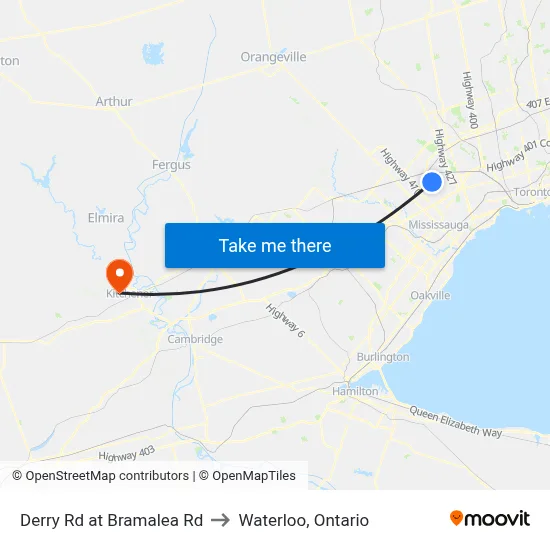 Derry Rd at Bramalea Rd to Waterloo, Ontario map