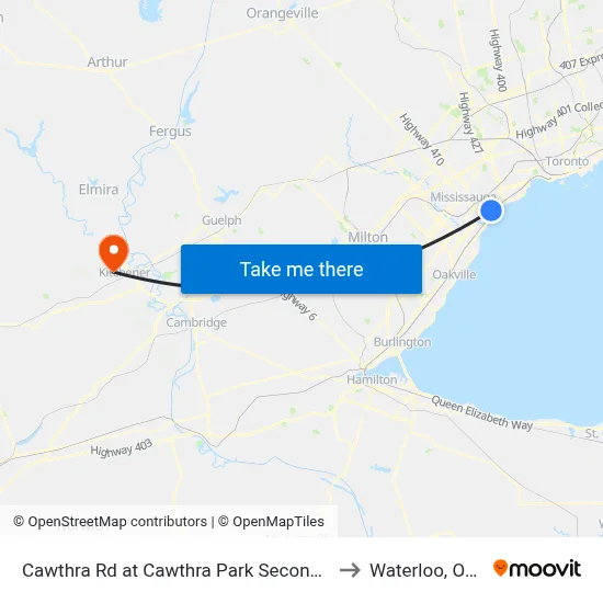Cawthra Rd at Cawthra Park Secondary School to Waterloo, Ontario map